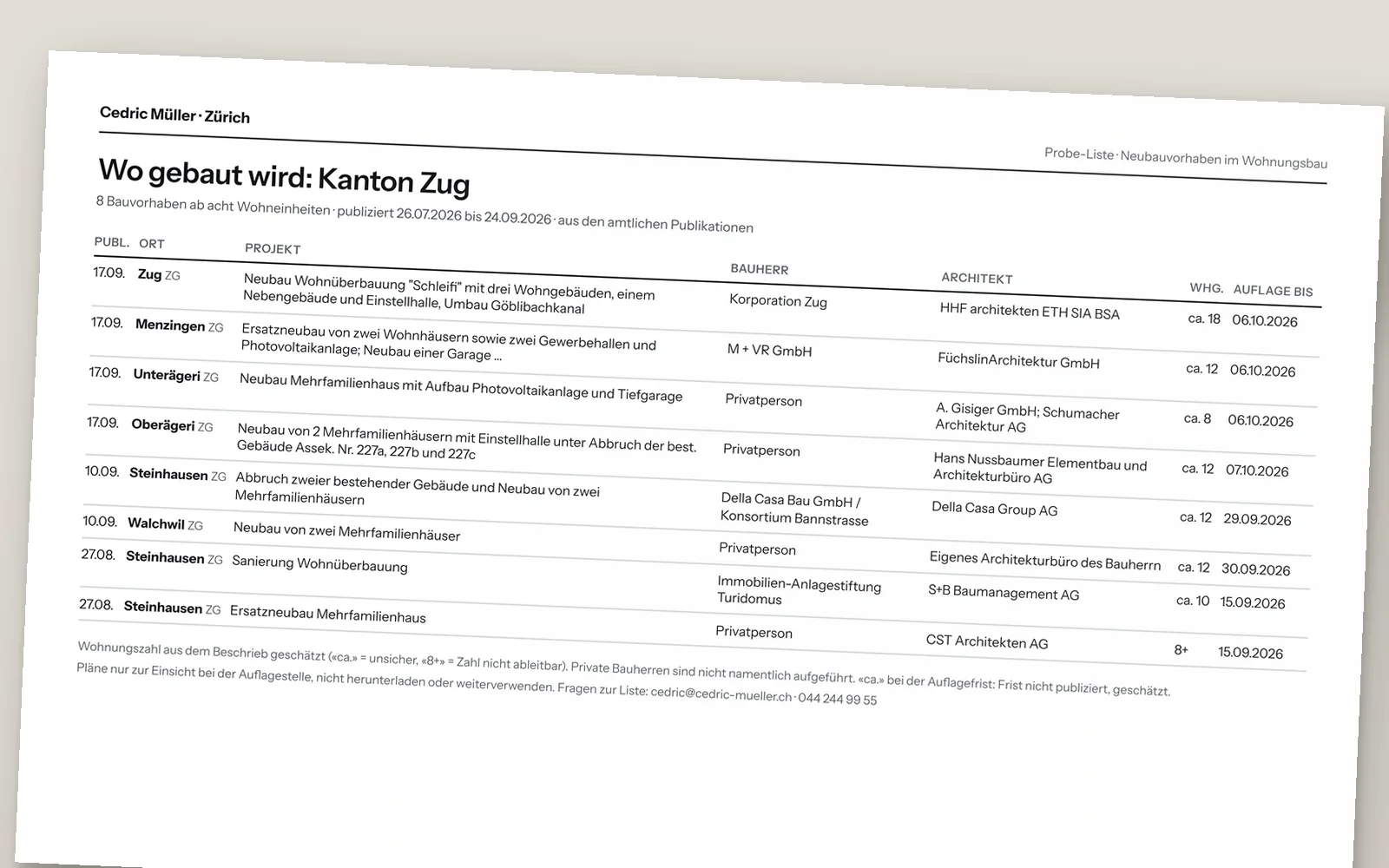 Auszug einer wöchentlichen Bauprojekt-Liste